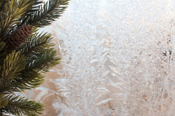 winter pattern on the glass, frozen crystals. Copies of space