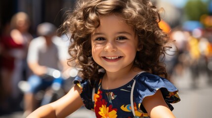 A young girl joyfully rides a bicycle, her face shining with a bright smile, displaying her happiness and freedom.
