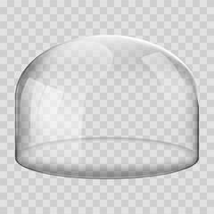 Glass dome. 3D Realistic spherical kitchen utensils, laboratory or exhibition case. isolated glossy shape of showcase safety on transparent background