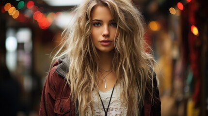 Fototapeta premium A stunning blonde woman with long hair stands amidst a bustling crowd in a vibrant setting.