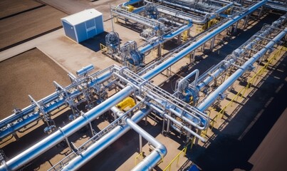 Aerial top view natural gas pipeline, Business gas industry, Construction gas transport system, stop valves bolt and appliances for gas pumping station capacity, Generative AI 