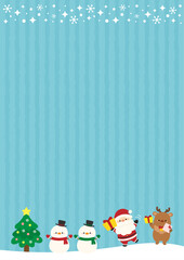 サンタクロースとトナカイと雪だるまのクリスマスデザイン、背景水色の縦長サイズ