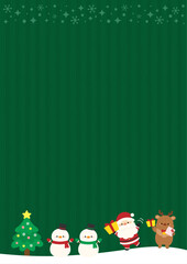 サンタクロースとトナカイと雪だるまのクリスマスデザイン、背景緑色の縦長サイズ