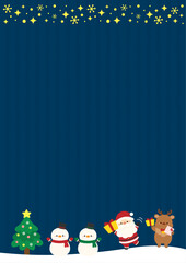 Fototapeta premium サンタクロースとトナカイと雪だるまのクリスマスデザイン、背景紺色の縦長サイズ