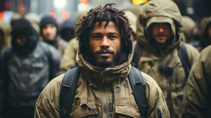 A man with dreadlocks stands out in a crowd, showcasing his unique style and individuality.