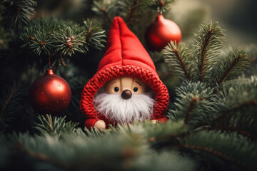 Obraz premium Fairy tale elf in a red hat in the branches of a Christmas tree. Christmas handmade toy.