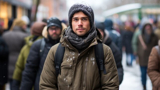 Man walking down snowy street.