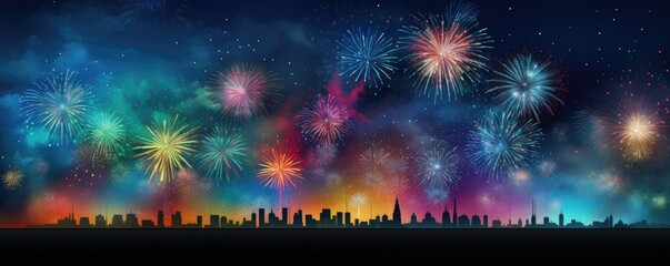 Fototapeta premium Beautiful colorful fireworks on a dark background. New Year celebrations. Generative AI.
