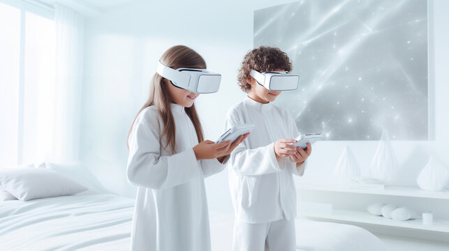 Kids dive into a world of wonder with vr gadgets in white room