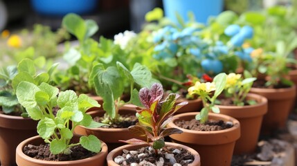Potted plants thriving in garden.