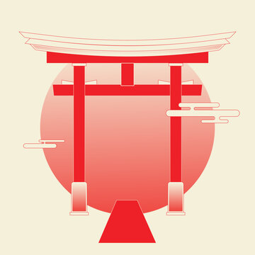Religion symbol, Torii gate vector design, traditional japanese gate with ornate japanese symbols and abstract shapes in modern style flat. Torii gate. Japan Tourism Poster, template.
