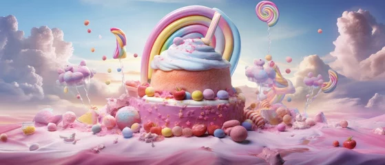 Raamstickers Surreal candy land landscape with vibrant sweet treats and pastel skies. Fantasy world of desserts and confections in dreamlike scenery. Whimsical digital art for creative backgrounds. © Postproduction