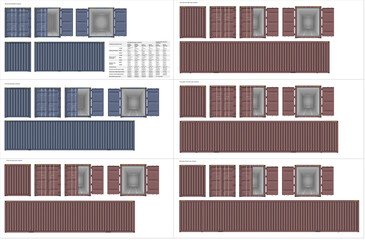 Six types of shipping container. ISO-containers, intermodal containers. Technical drawing of high detailed. Illustration.
