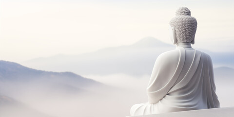 White buddha statue with foggy mountain background. Copy space