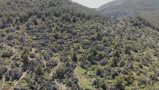 Aerial drone view former abandoned Greek village Kayakoy, Fethiye, Turkey