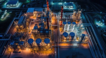 Aerial view petrochemical plant at night, Oil refinery build plant construction at night view from above, Business chemical oil and gas, Generative AI 
