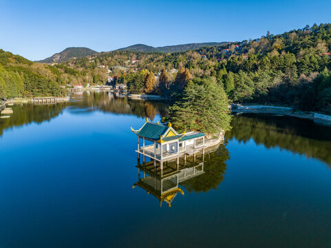 Aerial photography of lake landscape in Lushan Mountain, Jiangxi