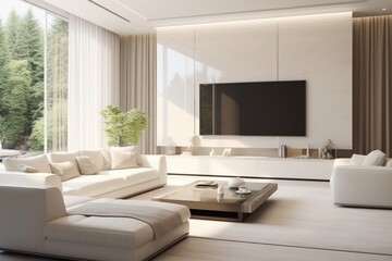Fototapeta na wymiar White sofa and tv unit in spacious room. Luxury home interior design of modern living room, panorama