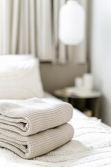 Closeup of clean bedding and personal hygiene items on bed in hotel room