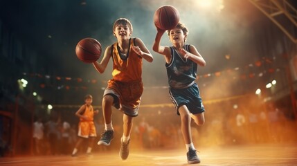  Two boys on the basketball court and training in the speed and accuracy of ball handling - obrazy, fototapety, plakaty