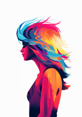 Profile of a woman with a colourful, windswept hairstyle.