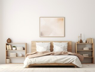 Fototapeta na wymiar Explore a Simplistic Masterpiece: Stunning Empty Bedroom Design with Stylish Shelves & Books Generative AI