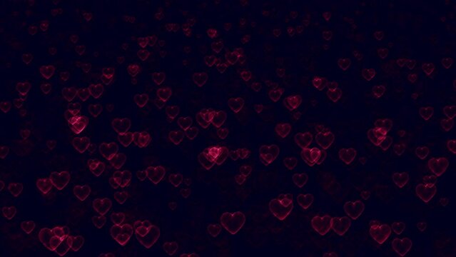 Flow many falling glow red hearts on black abstract background animation. Red hearts for romantic background,St.Valentines Day. 