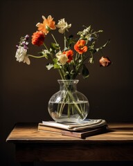Vibrant Floral Delight: An Elegant Glass Vase Artistry on a Vintage Wooden Surface Generative AI