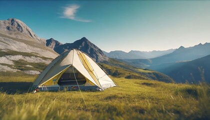 Wonderful panoramic view of a campsite in the wilderness in the mountains on lush green meadow. blue sky and copy space for text - obrazy, fototapety, plakaty