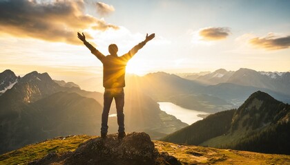 Tourist man hiker standing with both arms raised at the top of a peak and welcomes the sunrise. travel and adventure concept. generative ai