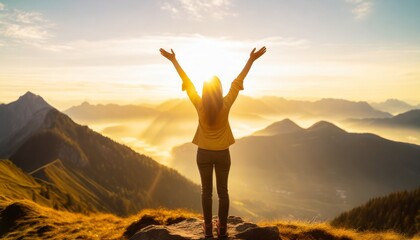 Success story: A woman on top of the mountain with arms open to a welcoming new day with sunrise success.  Generative Ai
