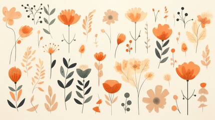 Colorful abstract composition with orange and yellow flowers and curls, made in the style of watercolor, light red and beige colors, graphic illustrations, soft and dreamy colors