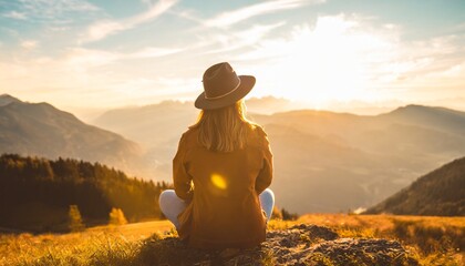 Young beautiful female hipster with hat enjoys the view on a mountain peak in the sunset. generative ai - obrazy, fototapety, plakaty