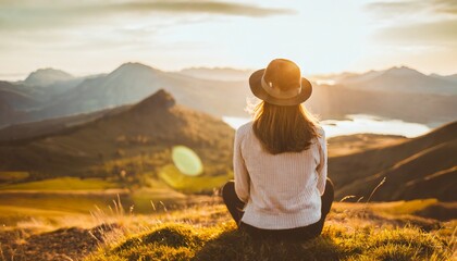 Young beautiful female hipster with hat enjoys the view on a mountain peak in the sunset. generative ai