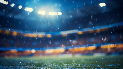 Sports stadium with lights on. Big arena, grandstand. Rainy weather. Green grass. Blur effect. Soccer, American football, rugby. Bad weather conditions for playing. Canceling a game. Generated AI - obrazy, fototapety, plakaty