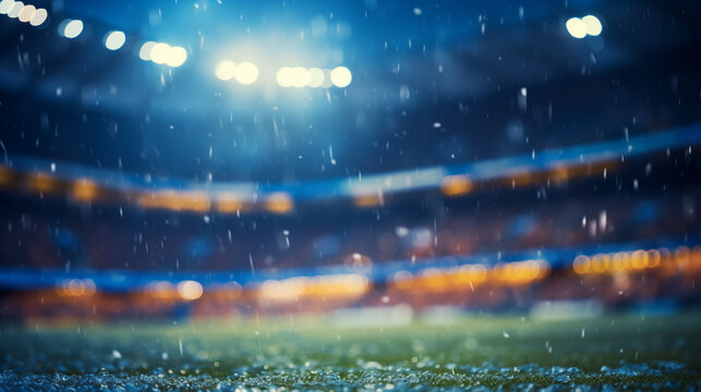Sports stadium with lights on. Big arena, grandstand. Rainy weather. Green grass. Blur effect. Soccer, American football, rugby. Bad weather conditions for playing. Canceling a game. Generated AI