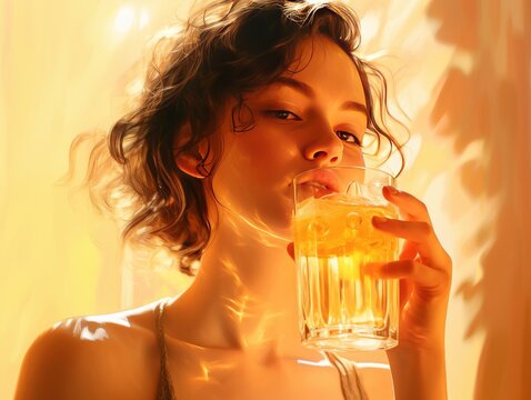 Refreshing Your Day: The Power of a Woman Enjoying a Healthy Glass of Orange Juice! Generative AI