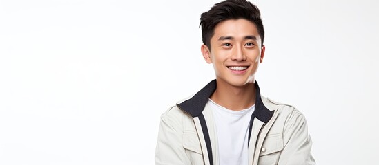 In this portrait of a young Asian man isolated in a white background, his happy expression reveals a happy and contented lifestyle, showcasing his attractive features and friendly personality. As he