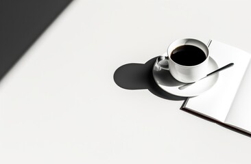 a cup of coffee next to a book on white table