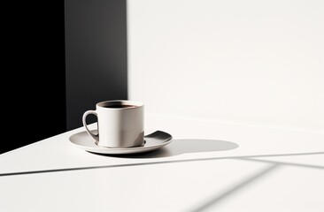 a cup of coffee next to a book on white table