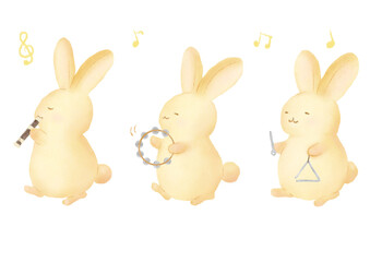 ウサギの音楽隊の水彩イラスト