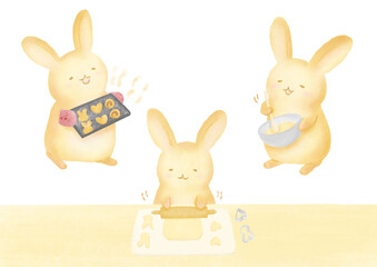 クッキーを作る3匹のウサギの水彩イラスト