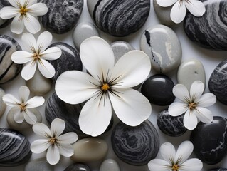 Fototapeta na wymiar Monochrome Magic: A Mesmerizing Showcase of Black Stones and Flowers on Marble Generative AI