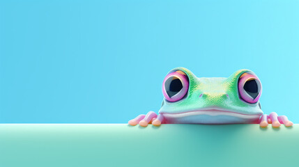 Green frog peeking over pastel bright background. - obrazy, fototapety, plakaty