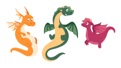 Lichtdoorlatende gordijnen Draak Cute dragons animals set. Funny smiling child monsters cartoon characters collection. Childish fantasy reptile creatures. Ancient legend mythology beasts concept flat style vector illustration