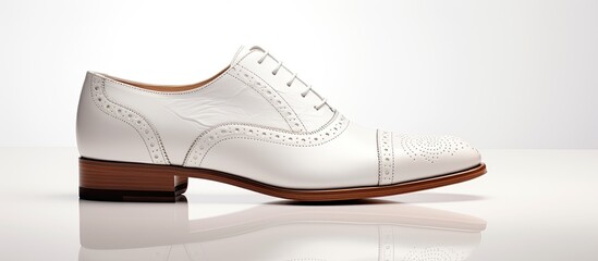 In the world of business, a modern and elegant design featuring a luxury white lace-embellished leather men's shoe on a white isolated background has become a classic symbol of fashion and
