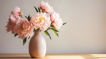 Fototapeta premium Bouquet of pink peonies in a beautiful vase on table. Springtime blossom, peony bunch. Beautiful spring fresh flowers. Bright room flooded with sun. Floral romantic. Women’s holiday. Generated AI
