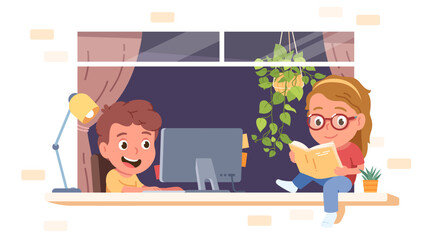 Kids studying on computer, reading book at home. Smiling boy learning using desktop, girl child holding textbook sitting on window sill. Home leisure, education concept flat vector illustration
