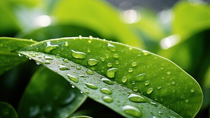 Closeup - of green plant leaves with water droplets. Natural background, generative ai