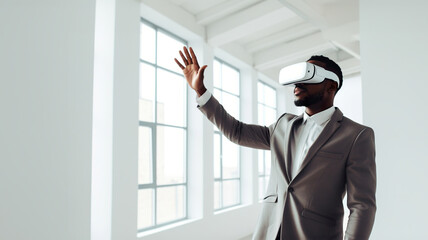 Elevating Success: African American Businessman Ventures into Virtual Reality in Business Center